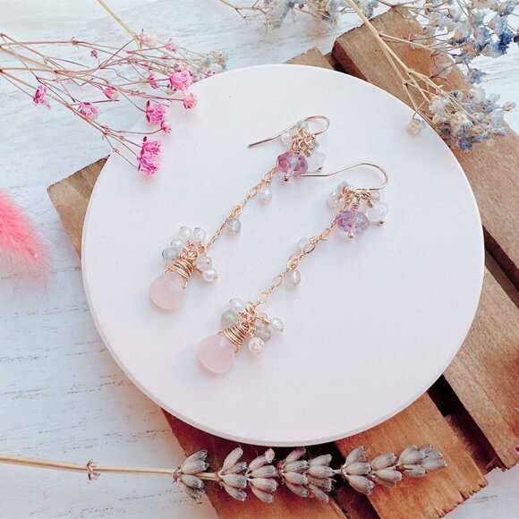 New Handmade Rose Quartz with Mini Gemstones Cluster Long Dangle Earrings - Picture 4 of 5